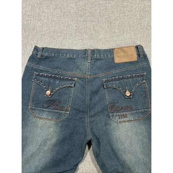 Vintage Phat Farm Jeans 42x32 Baggy Y2K Embroidered With Flap And Studs Hip Hop - Picture 1 of 16